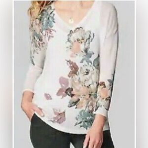 J. Jill Women's Linen Blend Knit Ivory Floral V Neck Sweater